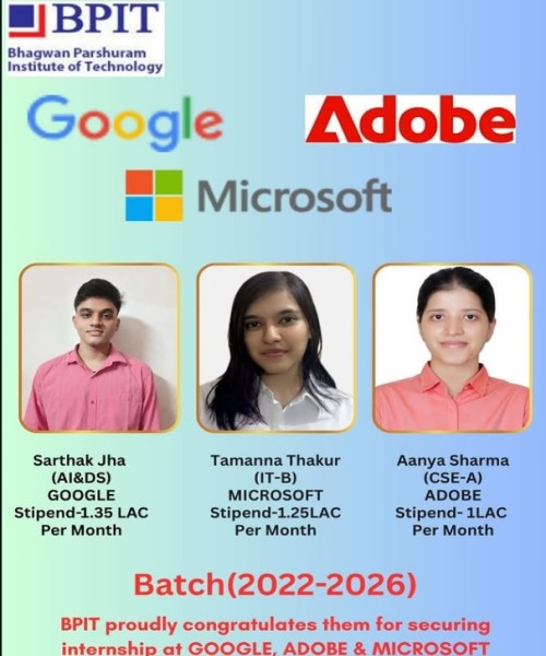 Sarthak Jha, a student of B.Tech Artificial Intelligence & Data Science (AI&DS) at  has secured an internship at Google with a stipend of ₹1.35 lakh per month